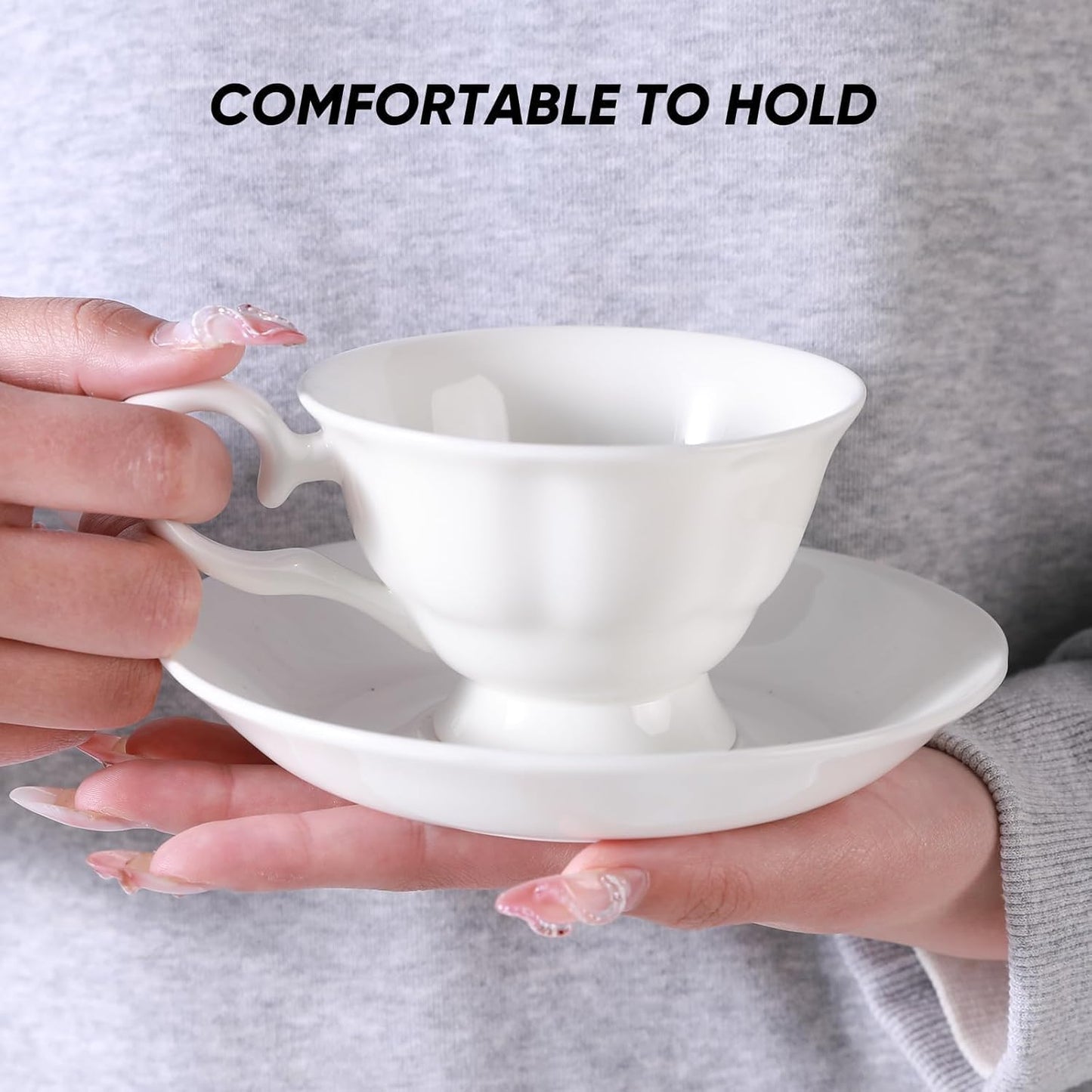 Fine Bone China Coffee Cups with Saucers, Set of 4 Vintage British Royal Style Ceramic Tea Cups, 4 Oz Small Tea Cup and Saucer Set for Afternoon Tea or Gift