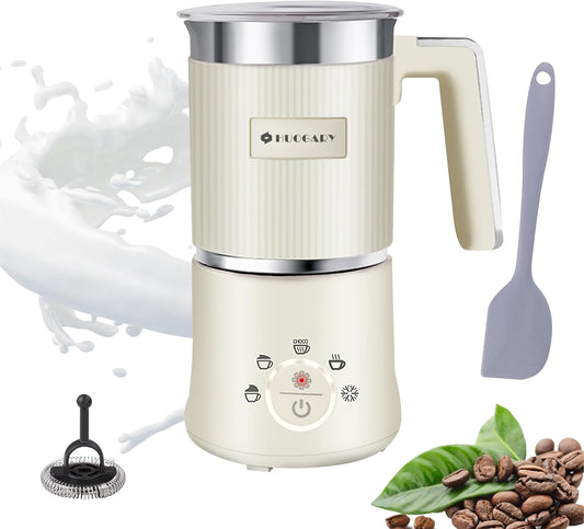 Huogary 5-in-1 Detachable Milk Frother Electric Milk Frother and Steamer Automatic Milk Foamer Frother Hot and Cold Foam Hot Chocolate Maker with Dishwasher Safe (Beige)