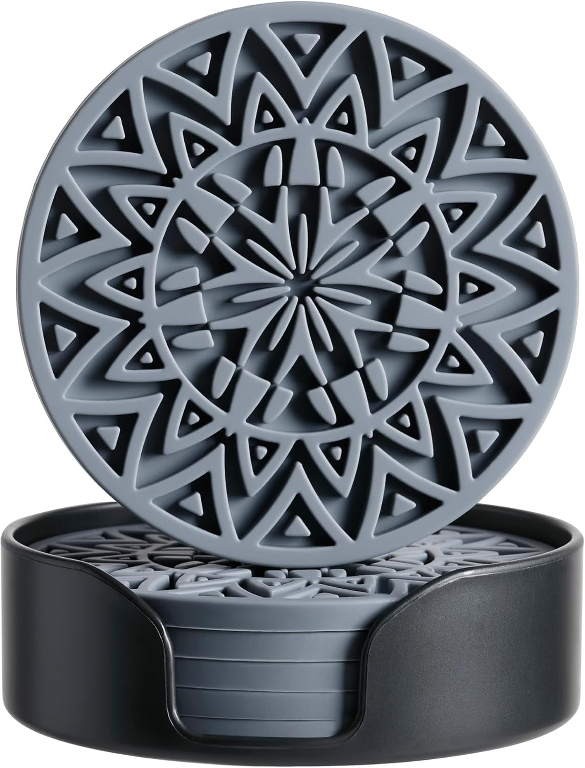 Set of 6 Dark Gray Silicone Coasters with Holder, Drink Coasters with Tribal Pattern Shape- for Table Protection, Anti Slip, Nonstick, Heat Resistant, Deep Tray