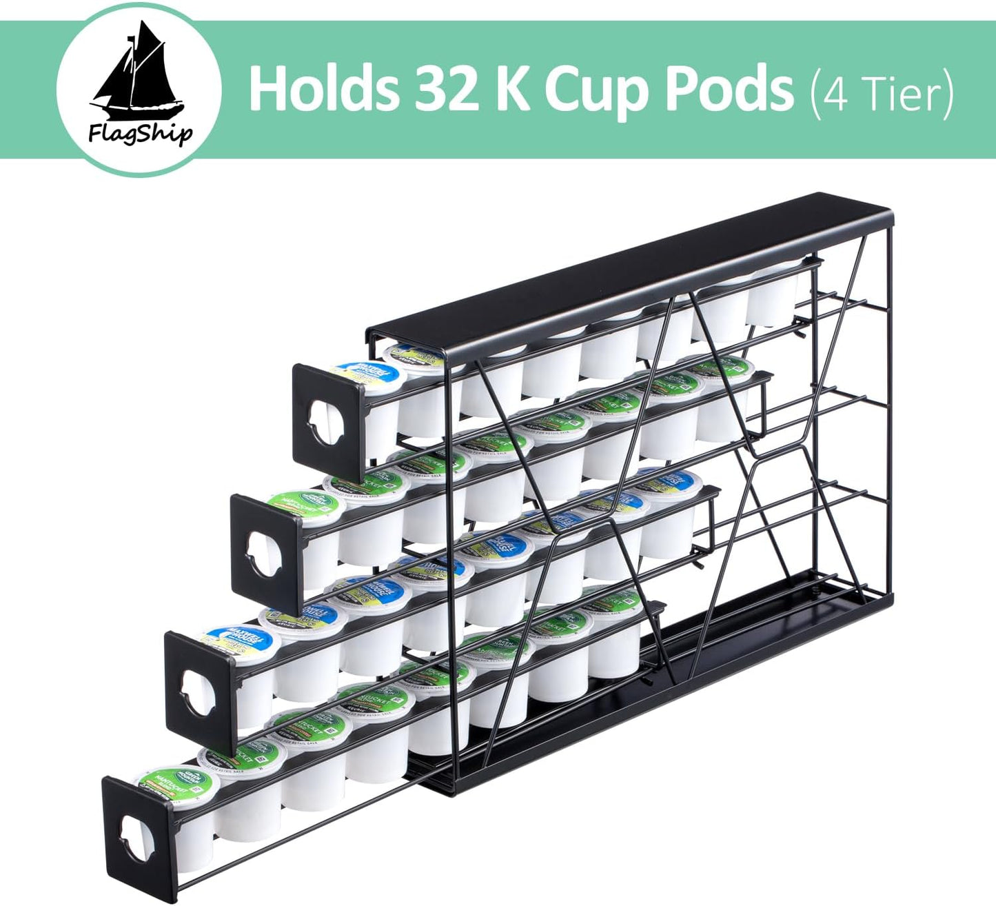 Flagship K Cup Holder for Keurig Pods Coffee Pod Storage 4 Tier K Cup Drawer Organizer for Counter (32 Pods Capacity)