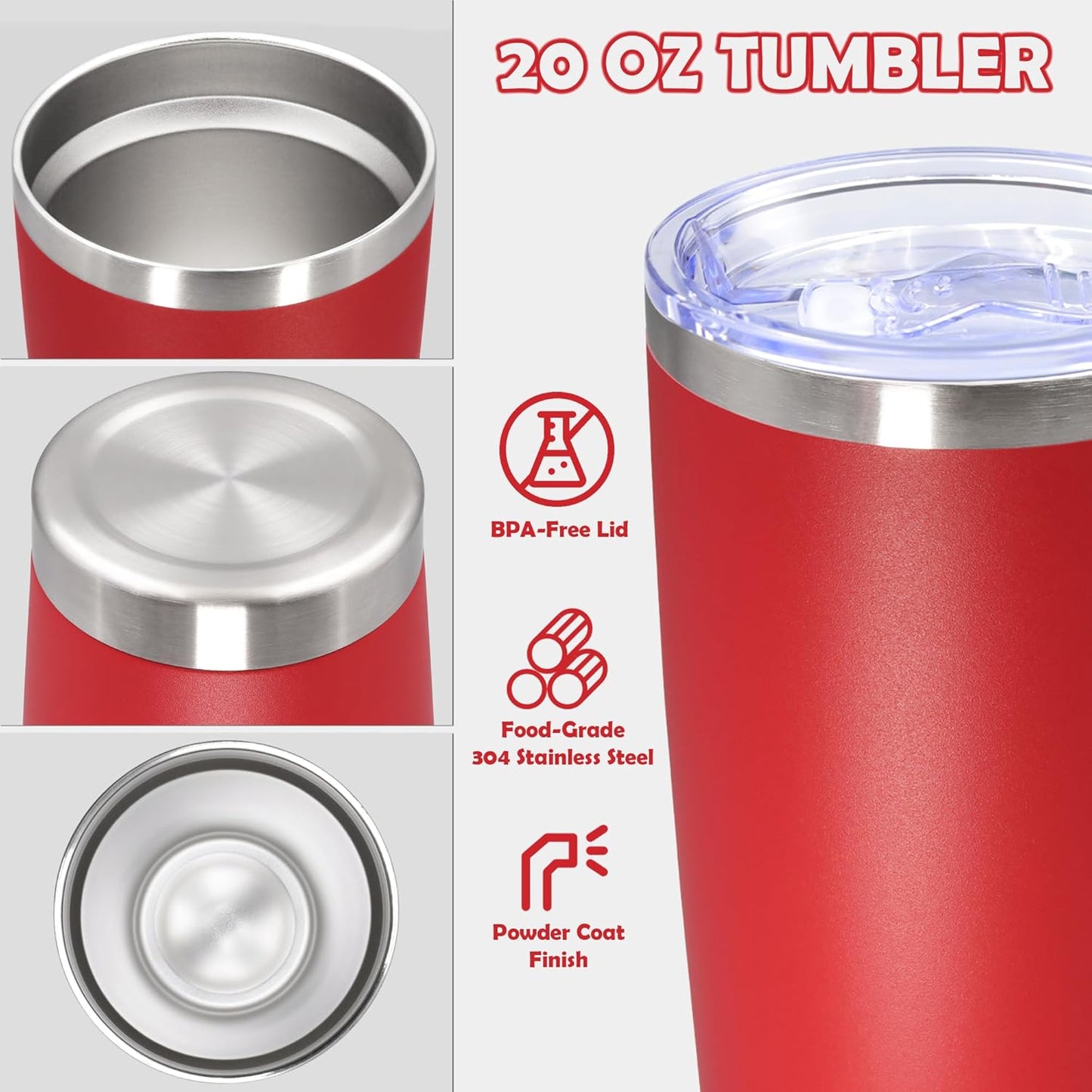 20oz Tumbler Stainless Steel Tumbler Cup with Lid Vacuum Insulated Double Wall Travel Mug, Durable Powder Coated Travel Coffee Tumbler Mug for Hot & Cold Drinks, Red,4 Pack