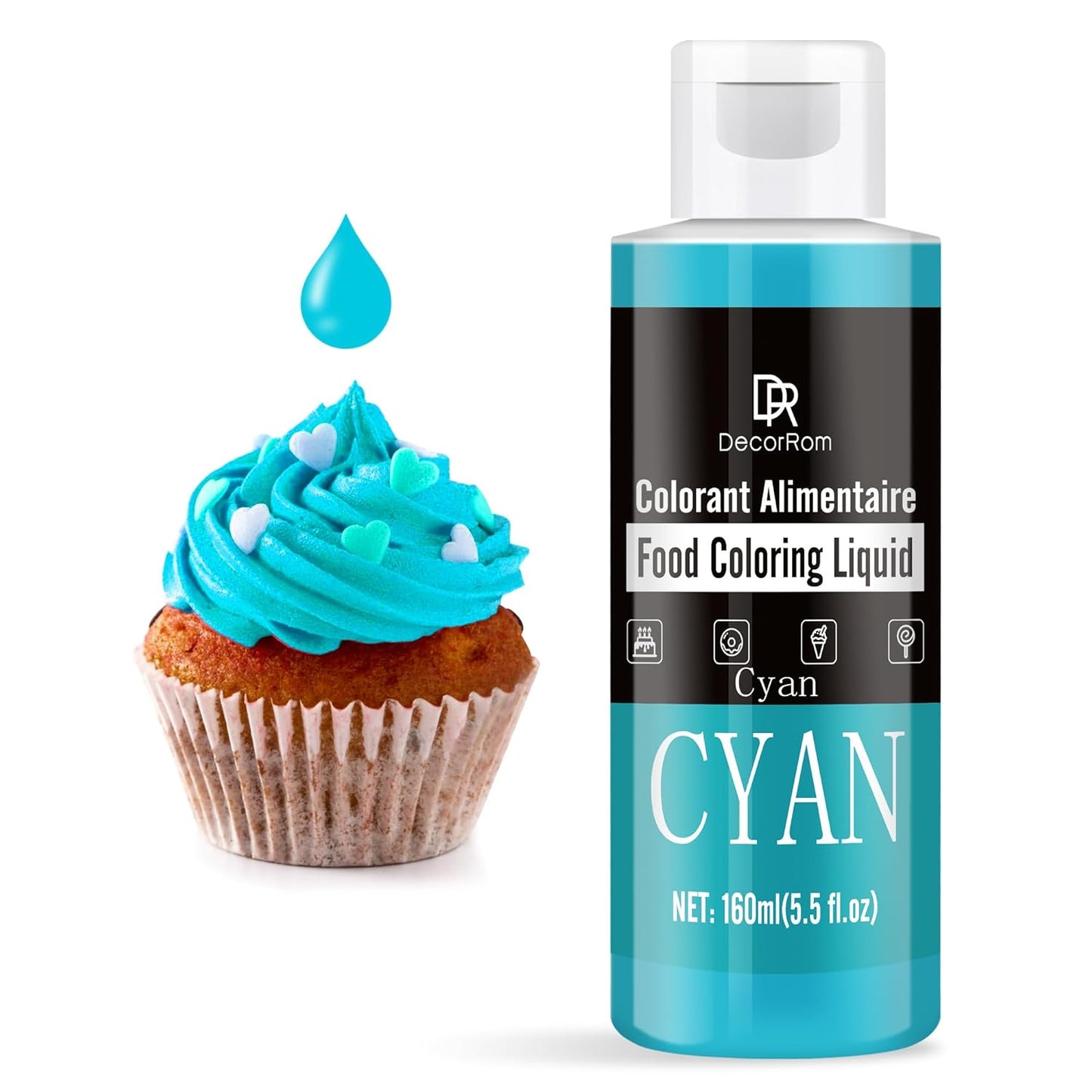 Food Coloring - Vibrant Liquid Icing Food Coloring Set for Baking, Cake Decorating, Easter Egg, Airbrush - Tasteless Food Color Dye for Fondant, Slime, DIY Crafts - 5.5 Fl.oz / 160ml Each (Cyan)