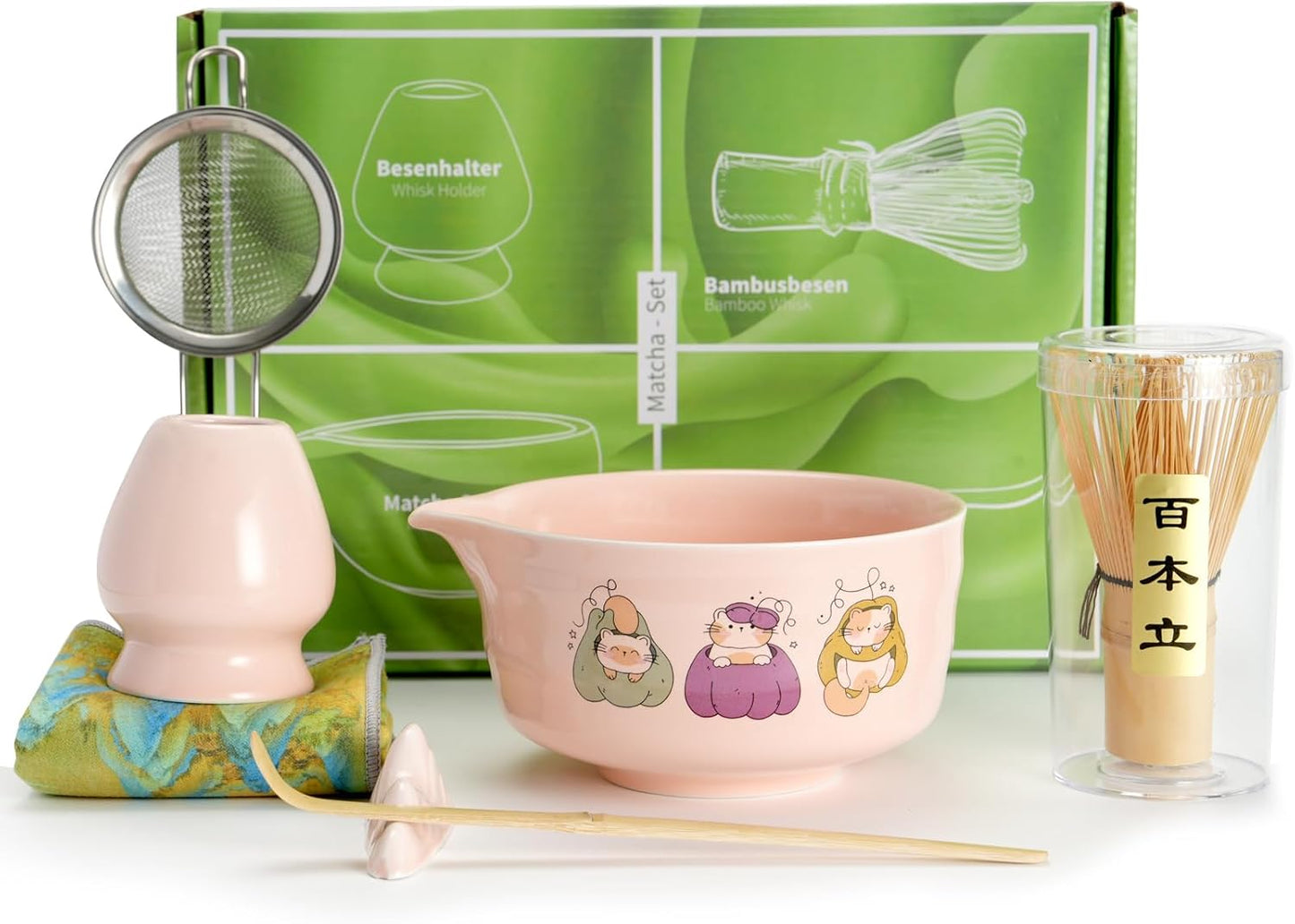 Matcha Whisk Set, 7 Pcs Pink Matcha Set Includes Matcha Bowl,Matcha Whisk and Holder, Bamboo Scoop, Scoop Rest, Sifter and Tea Towel -Matcha Kit for Matcha Lovers