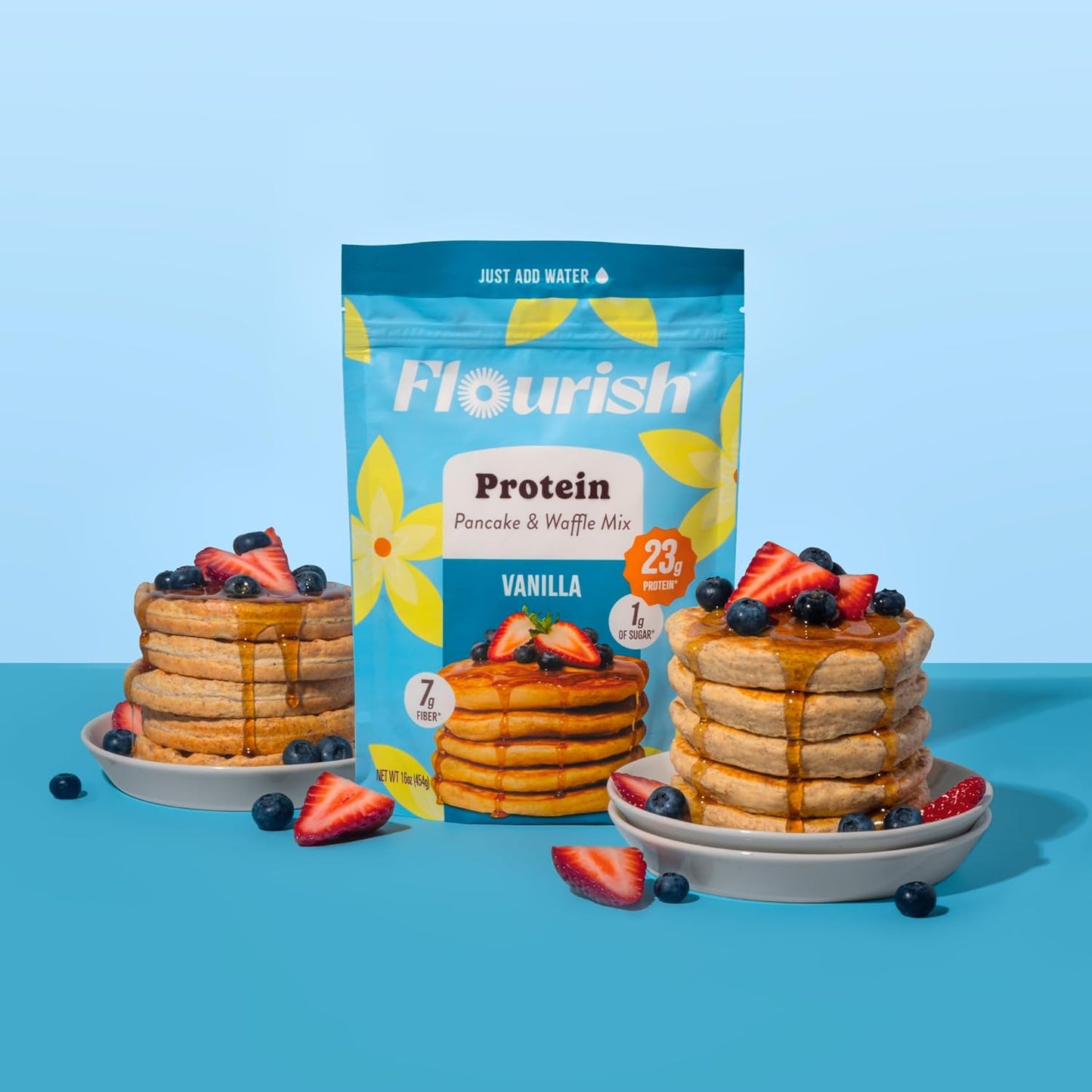 Flourish Protein Pancake & Waffle Mix, with Whey Protein & Flax Seed, No Added Sugar, High in Protein & Fiber - Just Add Water - Vanilla Flavour, 430g (3 Pack) - Made in Canada