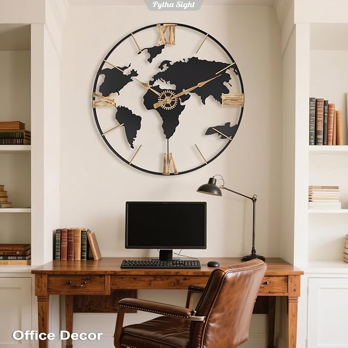 Pytha Sight 30 Inch Large Modern Decorative Metal World Map Wall Clocks Giant - Image 7