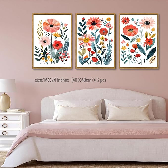 KISSFOX Framed Colorful Wildflower Canvas Wall Art Set Of 3 Flowers Pictures - Image 2