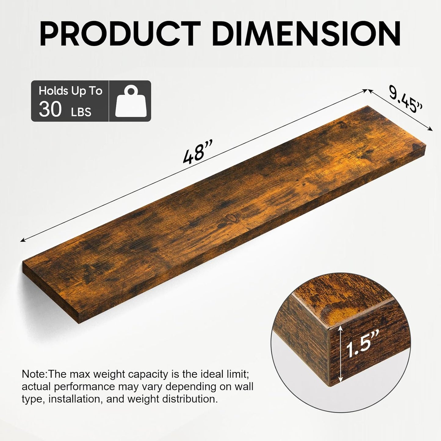 BAYKA Floating Shelves, 48" Wall Mounted Rustic Wood Shelves for Bathroom, Bedroom, Living Room, Kitchen, Office, Hanging Shelf for Books/Storage/Decor(Rustic Brown,Set of 2)