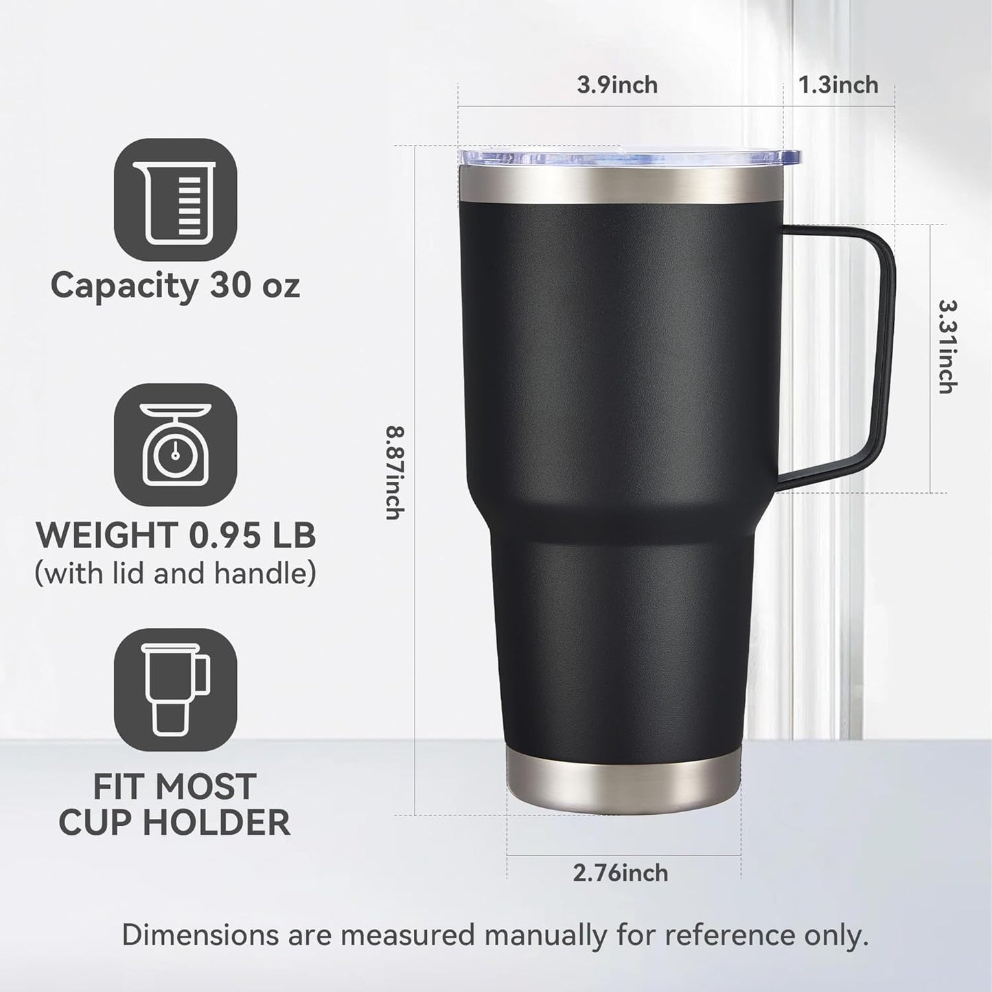 30 oz Tumbler with Handle and Lid, Stainless Steel Tumblers Double Wall Vacuum Insulated Travel Mug Leak Proof Cup Keep Drinks Cold and Hot Black, 1 Pack