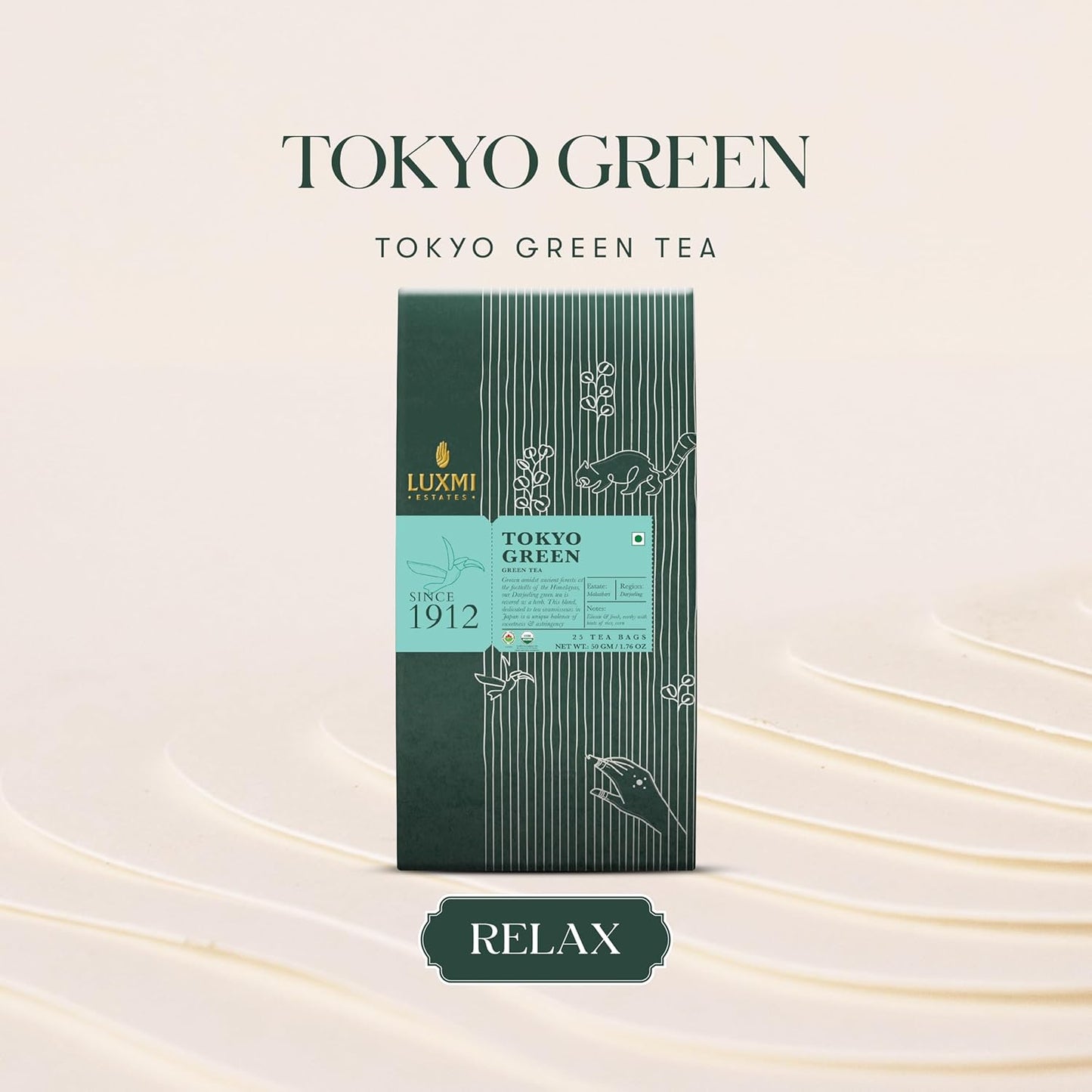 Luxmi Estates Tokyo Green Organic Green Tea (25 Tea Bags) Tea Bags For Relaxing, Calming, and Stress Relief, With Certified Organic Darjeeling Makaibari Green Tea