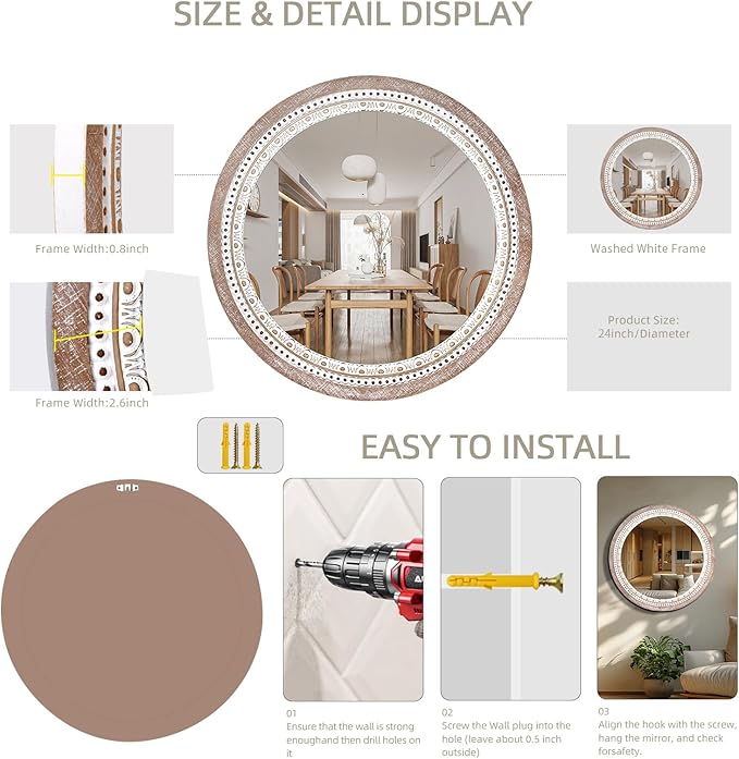 Reflinto 24 Inch Boho Wooden Round Mirror - Image 7