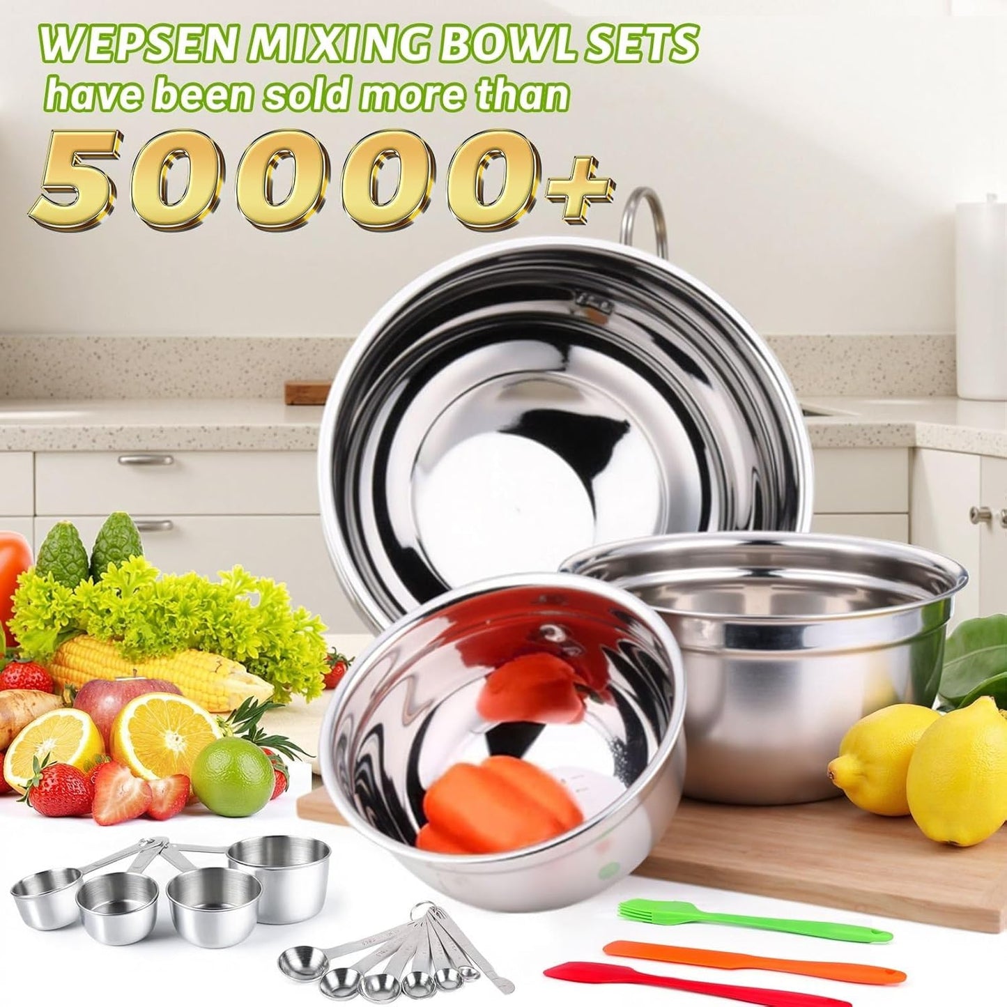 Mixing Bowls with Lid Set, 27PCS Kitchen Utensils Metal Bowl Stainless Steel Nesting Bowls, Measuring Cups and Spoons, Egg Whisk for Baking