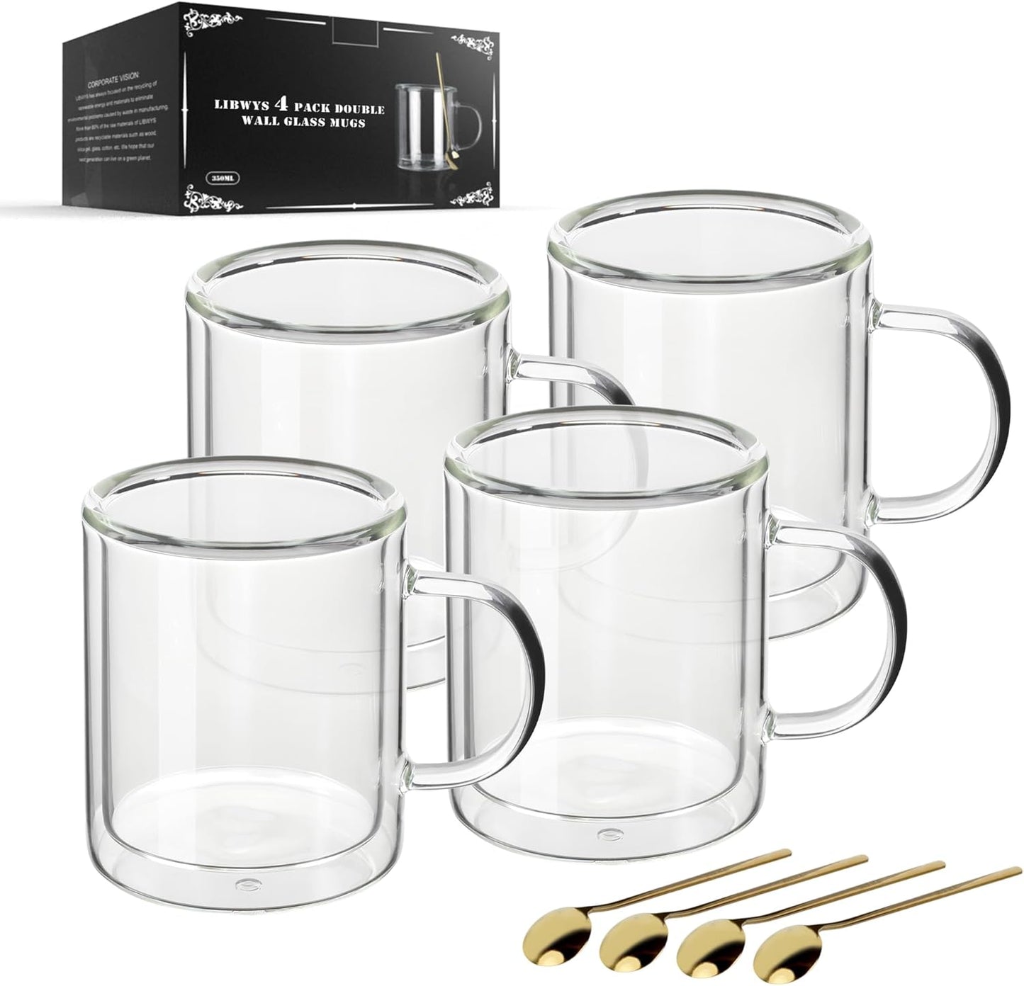 LIBWYS 12oz Double Wall Coffee Mugs (4-Pack) - Insulated Borosilicate Glass Cups with Handle for Espresso, Cappuccino, Latte - Heat Resistant, Dishwasher Safe Hot/Cold Beverage Glasses 350ml