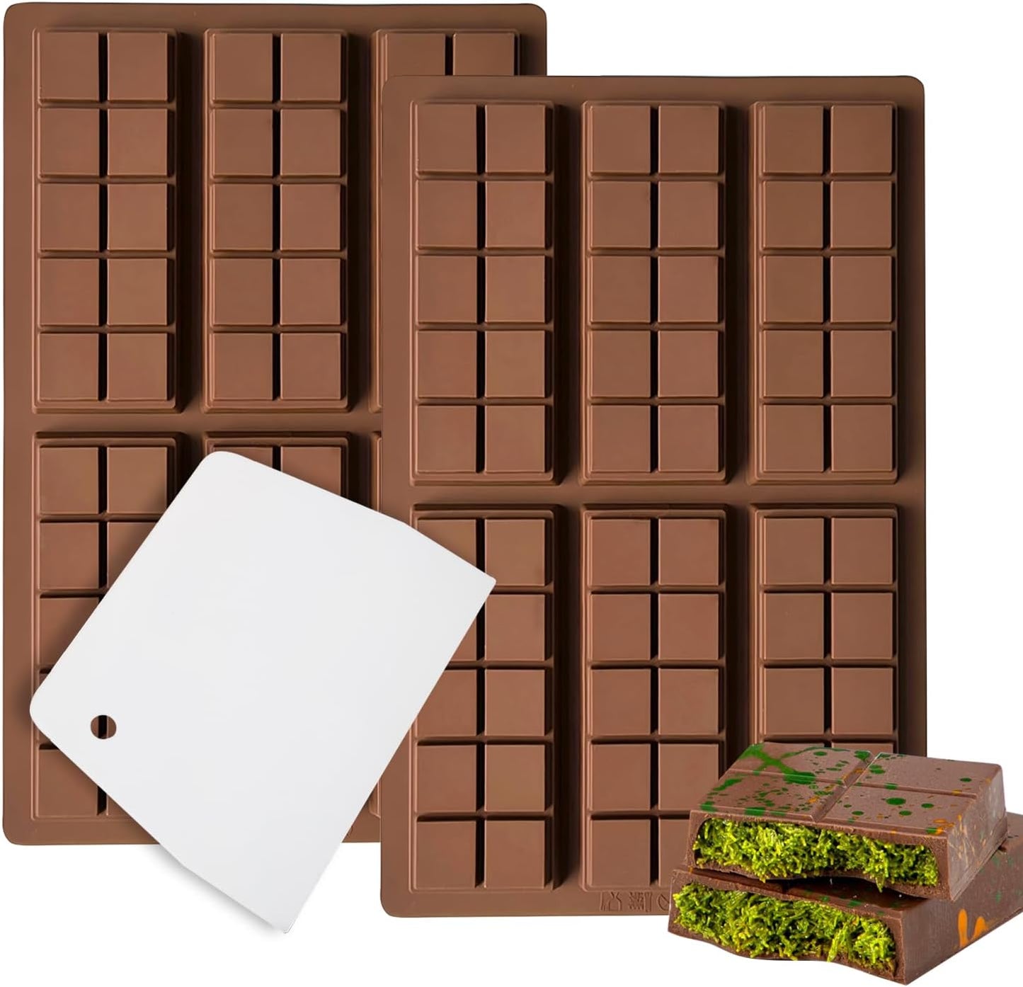 2 Pack Chocolate Bar Mold Deep for Stuffed Bar, Non-Stick Thick Chocolate Molds, Silicone Chocolate Candy Molds for Knafeh Pistachio Chocolate Bar, Candy, DIY Handmade Gifts (2 Pcs 10Snap)