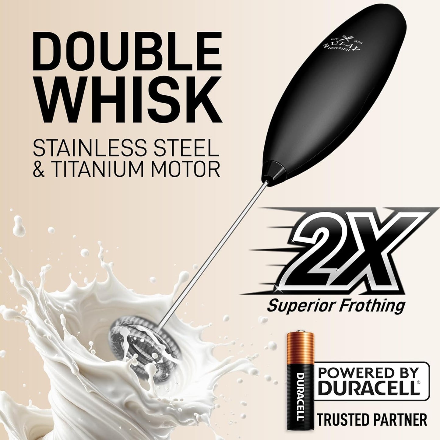 Zulay Kitchen Whisk Milk Frother with 4 Duracell Batteries - Powerful Handheld Foam Maker for Coffee, Lattes, Matcha, Hot Chocolate & Cappuccinos - Whip Creamy Froth in Seconds