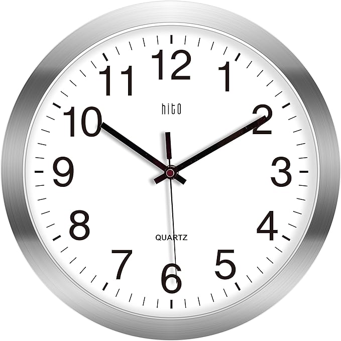 HITO 12 Inch Silent Wall Clock Battery Operated Non Ticking Glass Cover Silver by hito