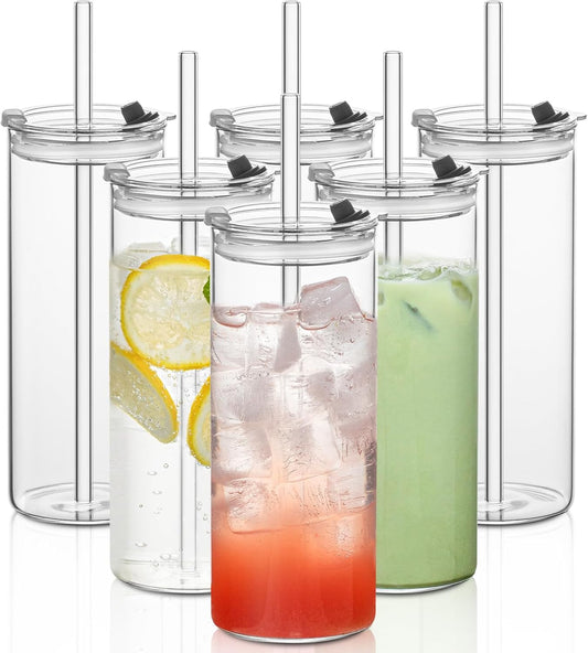 KEMORELA 6-Pack 18oz Large Round Glass Cups with Lids & Straws – Clear Tumblers for Iced Coffee, Juice, Smoothies – Reusable, Leakproof Beverage Set
