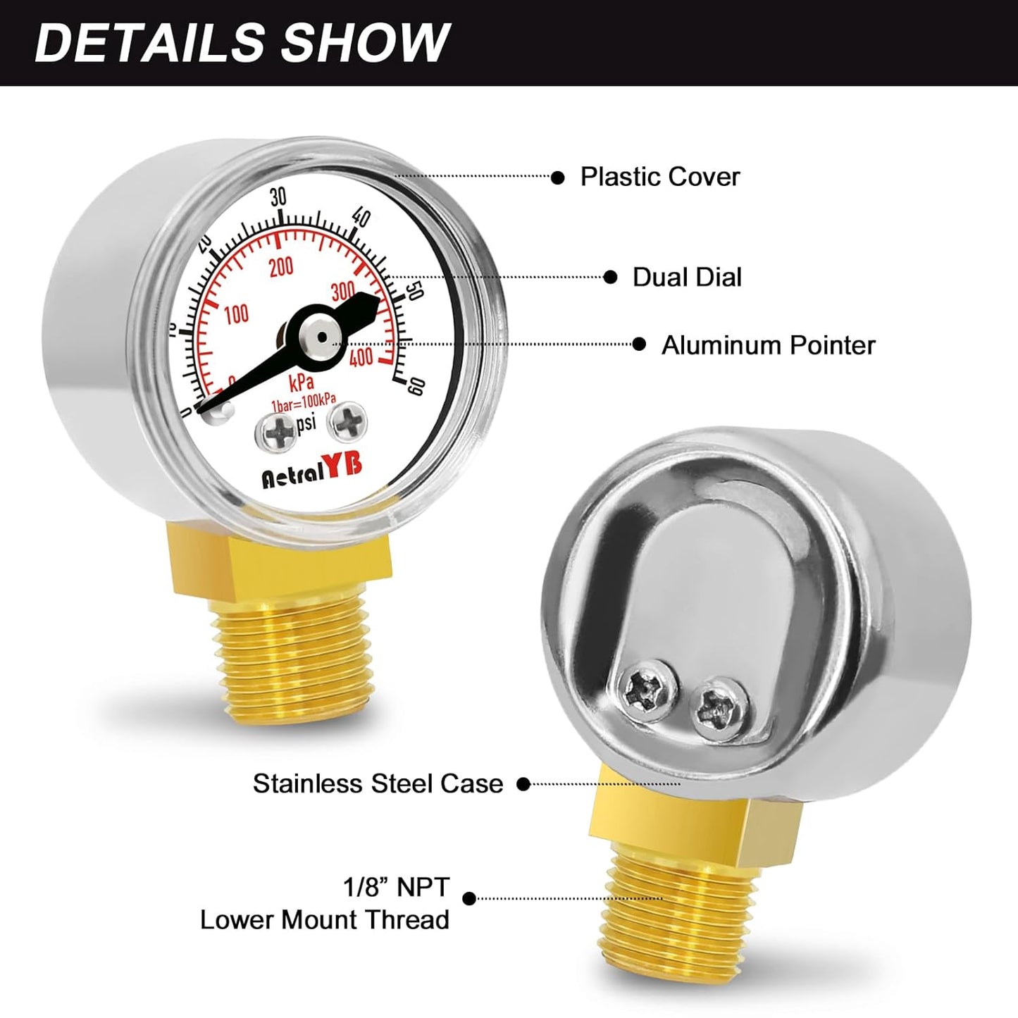 1-Inch Mini Pressure Gauge, 0-60 PSI / 0-400 kPa, Dual-Scale Dial, 1/8” NPT Bottom Mount, Stainless Steel Gauge for Coffee Machines, Motorboats, Water Pumps, and Pneumatic Tools
