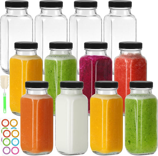 8 oz Glass Juice Bottles with Lids 12 Pack,Reusable Glass Drink Bottles,250ml Water Drinking Jars for Milk,Juicing,Kombucha,Ginger,Beverage Glassware,Juice Drinking Jars