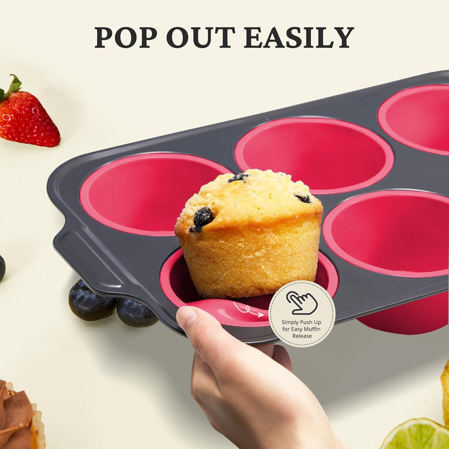 BRONYPRO Jumbo Silicone Muffin & Cupcake Pan for Baking with Metal Frame, Extra Large 3.5dia Muffin Tins Easy to Pop Nonstick Non Toxic Bakeware for Oven, Rose Pink