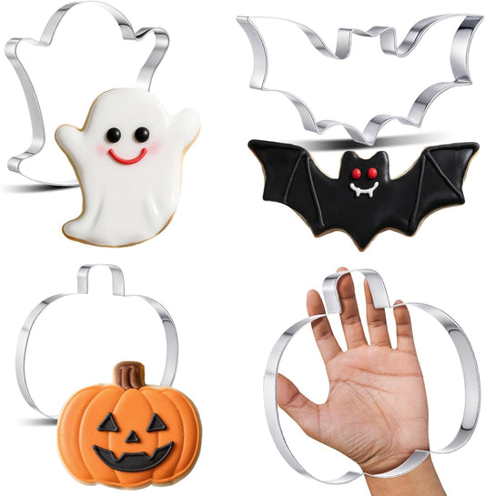 3 Pcs Large Halloween Cookie Cutters Set 7.5 Inch Extra Large Pumpkin Bat Ghost Shapes Stainless Steel Metal Giant Cookie Cutters Molds for Halloween Day Baking Party Kitchen Accessories