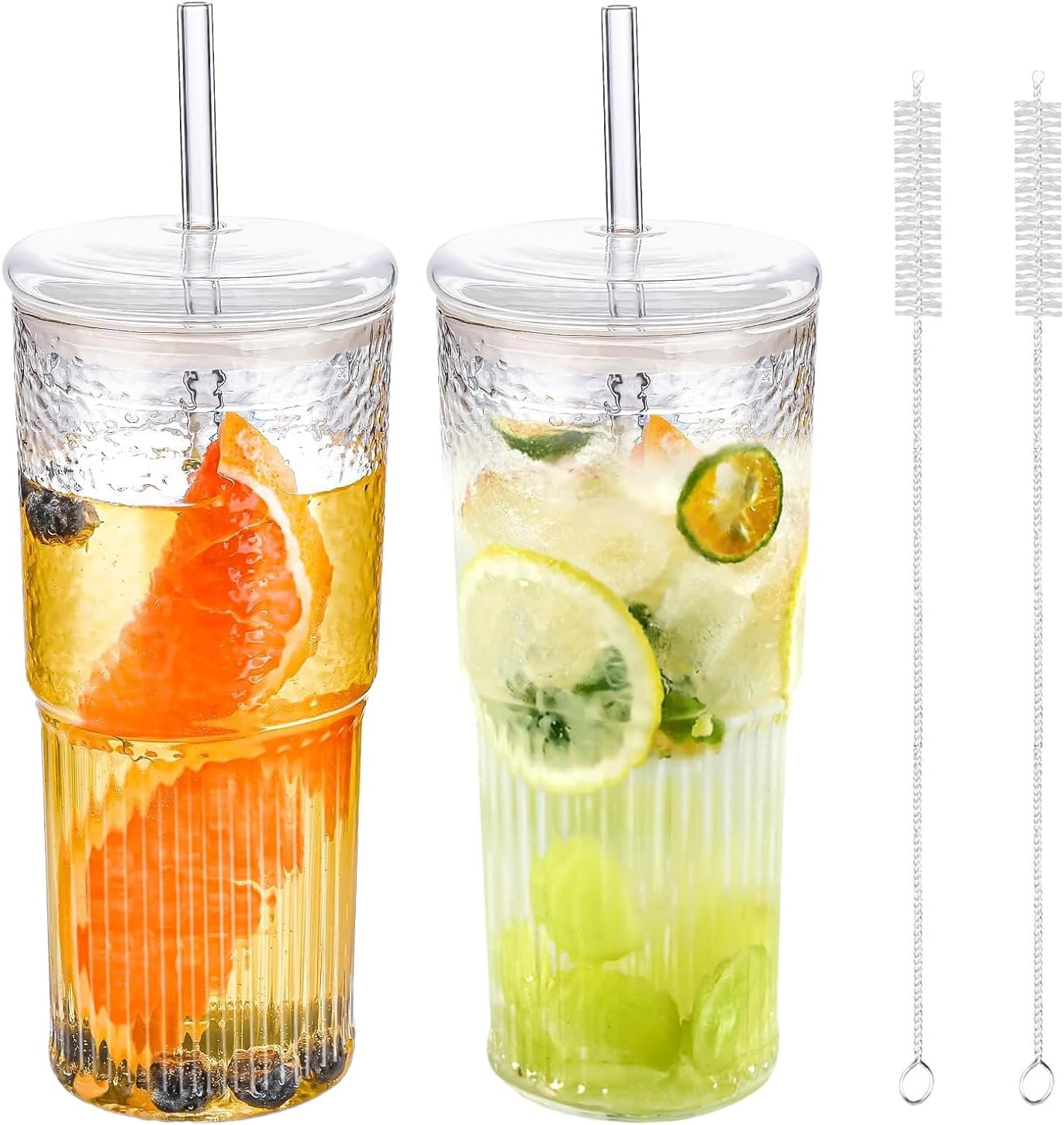 22oz Glass Tumblers with Glass Lids and Straws - Stylish Vintage Ribbed Design for Iced Coffee, Juice, Smoothies, Milkshakes, Cold Beverages & Whiskey Cocktail Beer (2pack-22OZ-Glass lid)