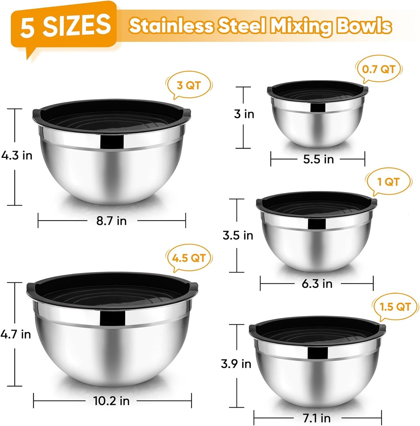 TeamFar Mixing Bowl Set of 5, 4.5/3/1.5/1/0.7 QT, Stainless Steel Metal Nesting Salad Bowl with Lid Set, Ideal for Mixing Serving, Non-Toxic & Sturdy, Airtight Lid & Easy Clean, Black