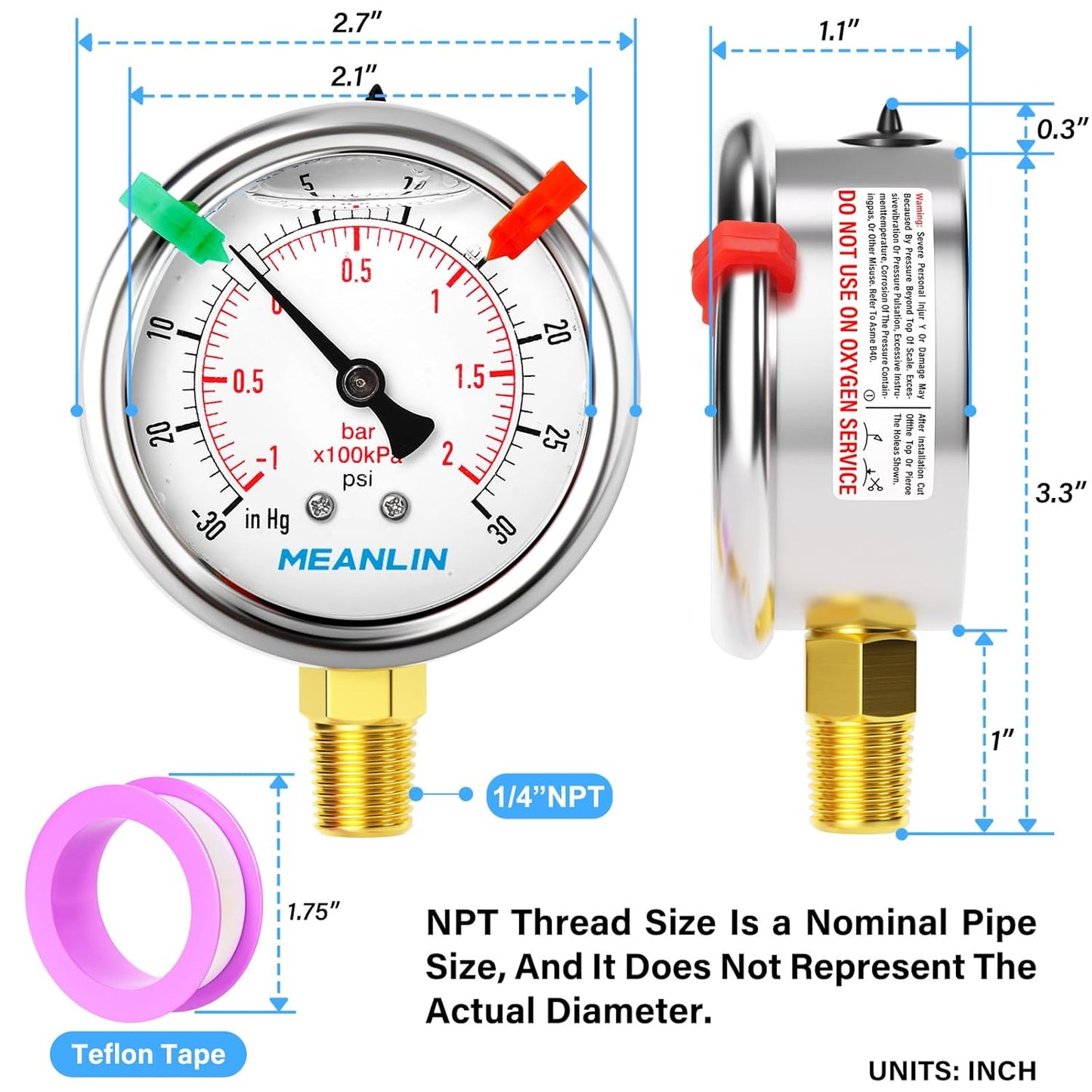 MEANLIN MEASURE -30inHG~30Psi Vacuum Pressure Gauge 1/4" NPT 2.5" FACE DIAL, Stainless Steel Liquid Filled Pressure Gauge WOG Water Oil Air Lower Mount (with 2PCS Snaps)