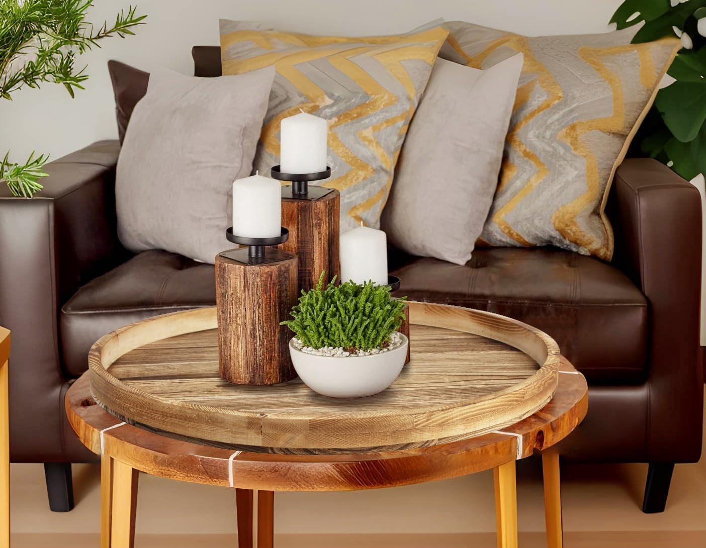 Round Ottoman Table Tray Round-24 - Rustic Wooden Serving Tray for Farmhouse Decorative Oversized Coffee Table Trays Living Room Kitchen Counter Breakfast Nature