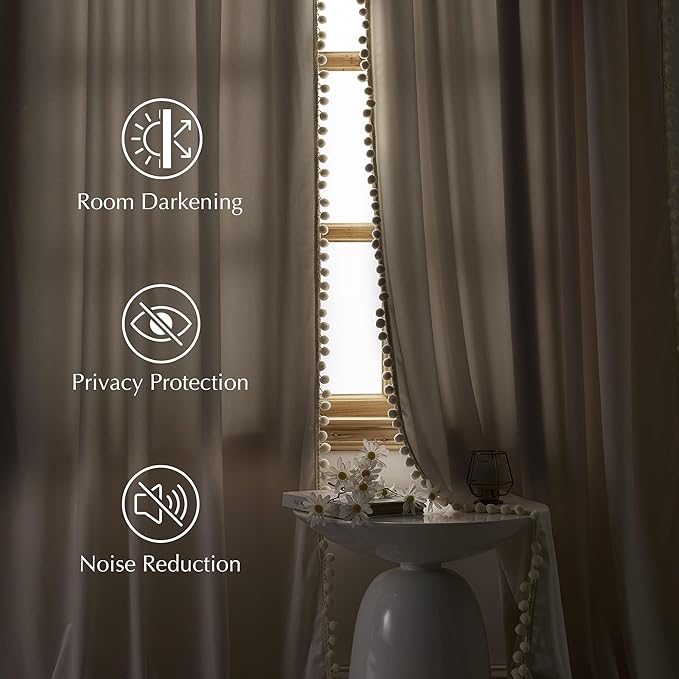 NICETOWN Cute Pom-Pom Trim Velvet Curtains 8 ft Long, Ivory White – Delicate - Image 2