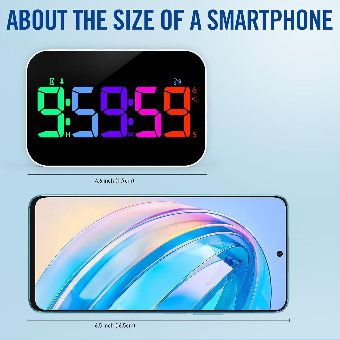 Kitchen Timer（1.5" Number）with Voice Reminder,10 RGB Color Changing Digital Magnetic Timer, Countdown/Up, Rechargeabilit, Brightness Display, 3 Volume Levels and Vibration Mode, for Classroom, Cooking