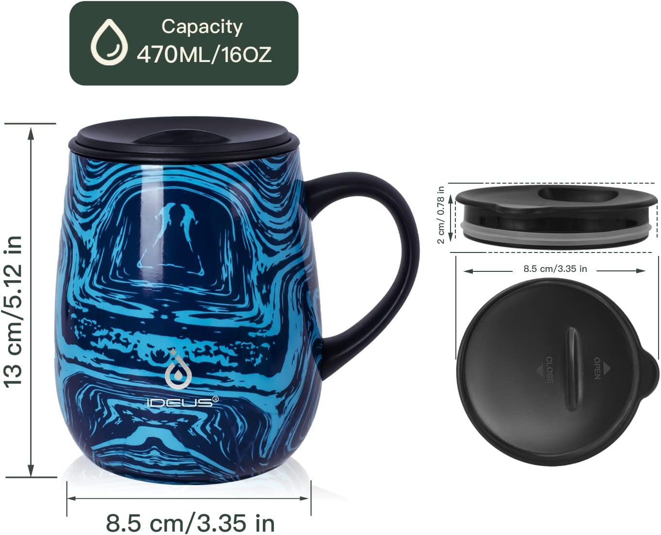 Ideus 16 oz Insulated Coffee Mug with Handle and Lid, Double Wall Stainless Steel Vacuum Thermal Coffee Mug, Travel Coffee Cup Thermal Cup for Home and Office, Blue Zebra