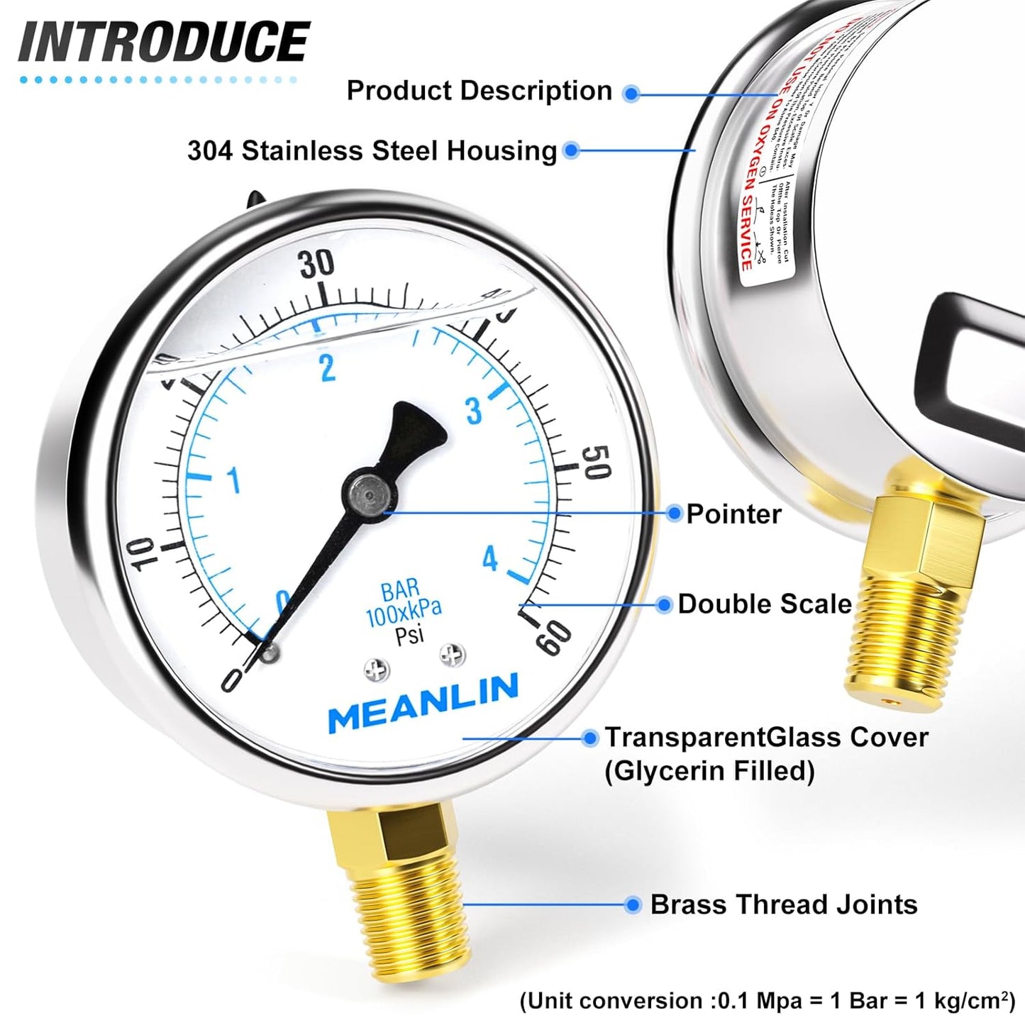 MEANLIN MEASURE 0~60Psi Stainless Steel 1/4" NPT 2.5" FACE DIAL,Liquid Filled Pressure Gauge,Pool Sand Filter Pressure Test Lower Mount(Pack of 2) with 1/4" x 1/2" NPT and 1/4" x 3/8" NPT Hex Bushing