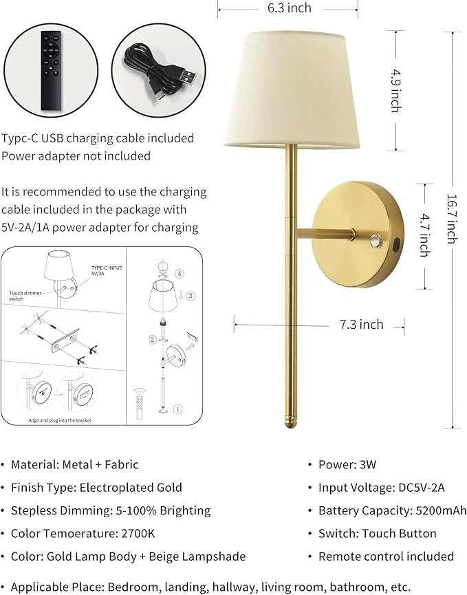 Gold Wall Sconces Set of Two, Small Rechargeable Battery Operated Wall Lamp - Image 5