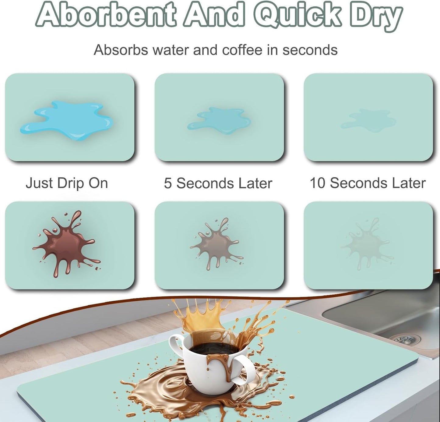 Dish Drying Mat 16" X 24", Super Absorbent & Cuttable Coffee Mats for Countertop, Kitchen Counter Mat Fits Under Coffee Maker or Machine, Hide Stain Drying Pad for Dish Drying Rack, Green