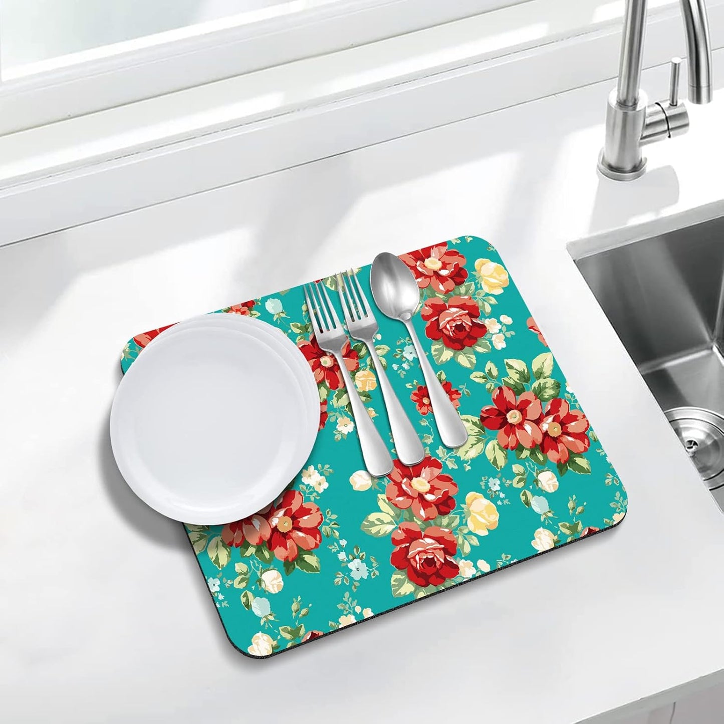 Rubber Dish Drying Mat for Kitchen Counter Large Boho Flowers Washable Quick Home Coffee Pad Fit Under Sink,Bar,Utensils 16x18in