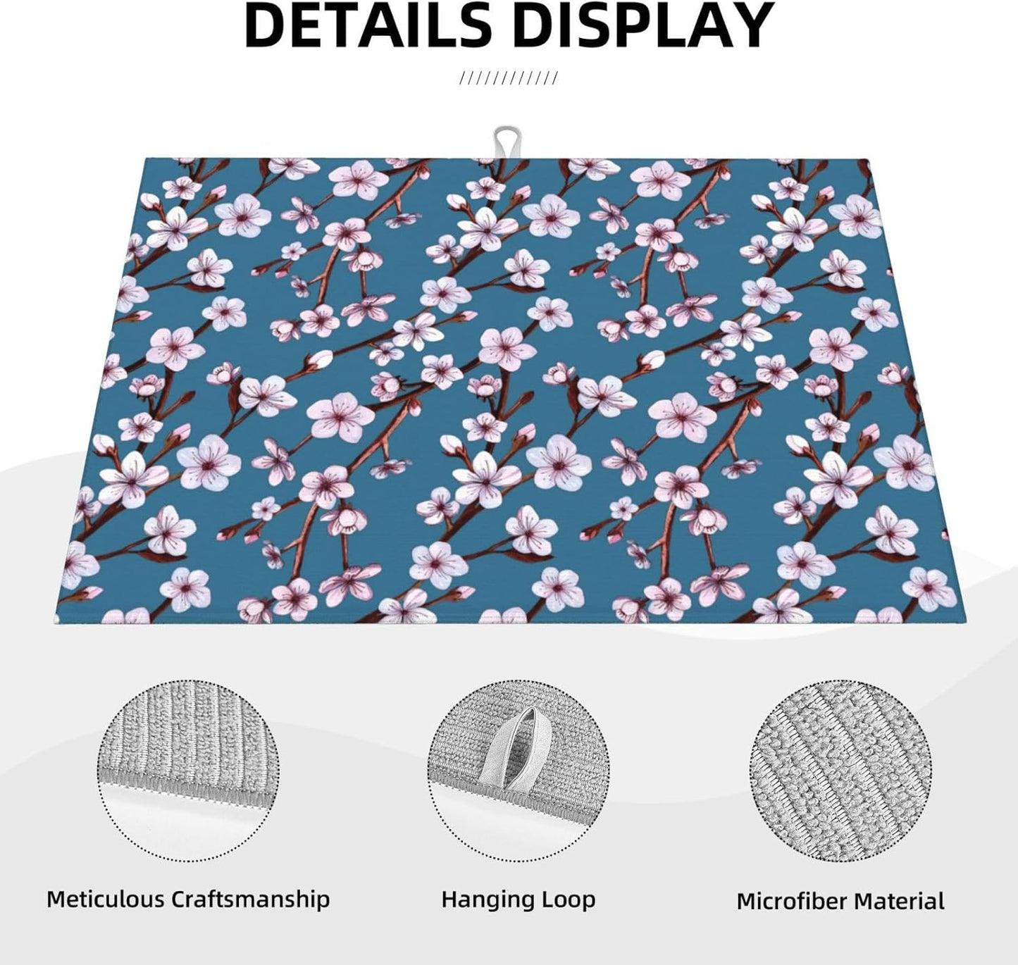Cherry Blossom Dish Drying Mat, Branch Floral Microfiber Absorbent Drying Mats Reversible Kitchen Countertop Protector Dishes Drainer Rack Pad 18x24 Inch (Blue)