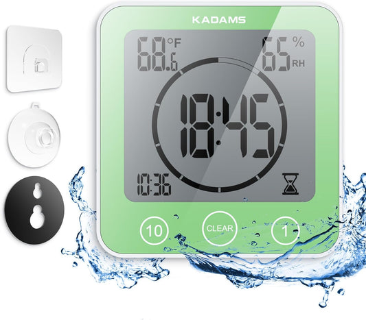 KADAMS Shower Clock Waterproof Bathroom Timer – Digital Wall Clock with Countdown, Magnetic Kitchen Clock with Temperature & Humidity, Suction Cup for Kids Shower Spa Sauna Cook Bath (Green)