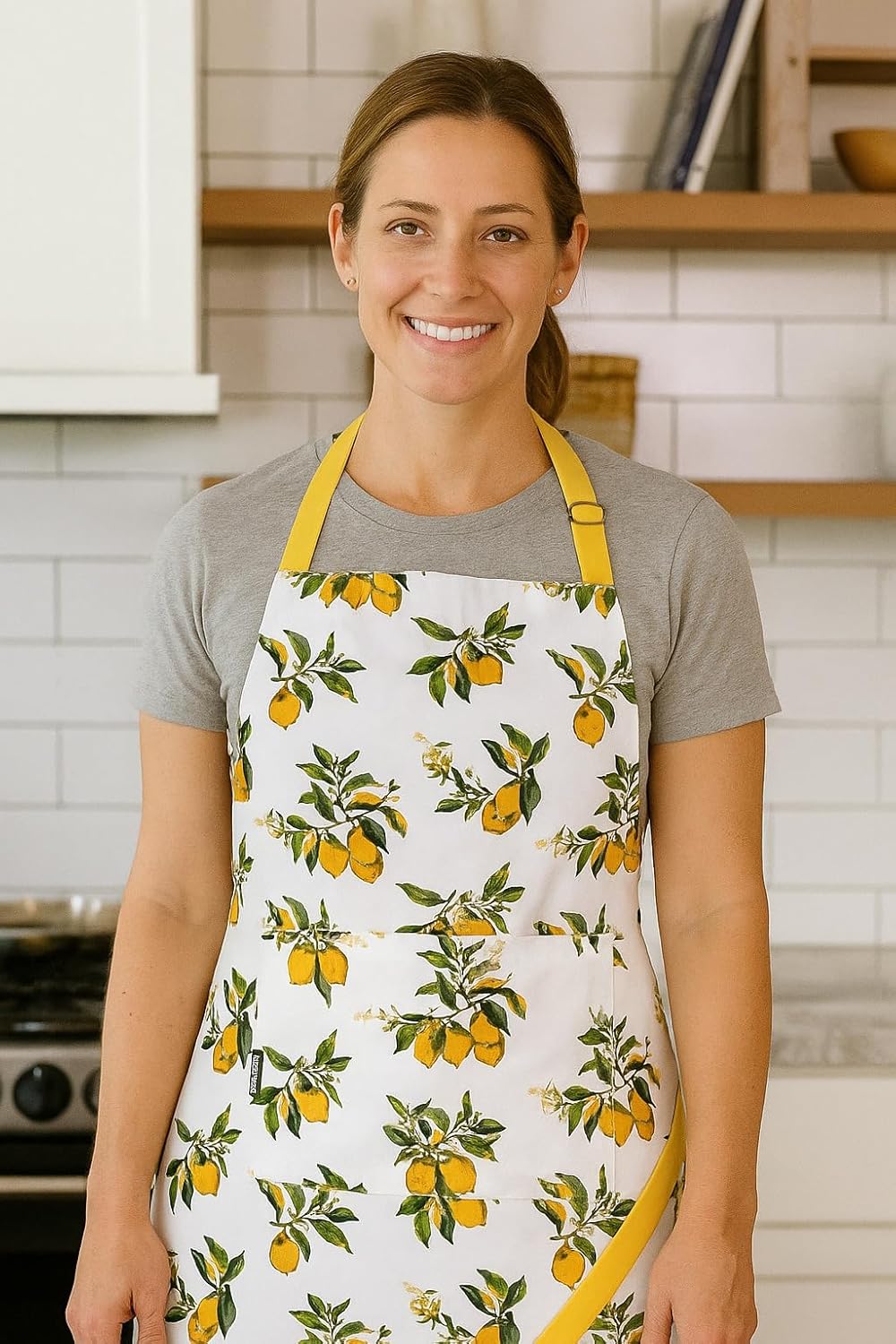 AMOUR INFINI Cotton Aprons for Women with Pockets Adjustable Strap and Waist Ties Washable Printed Aprons for Baking, Cooking, Gardening (27.5 x 33 Inches - Lemon Print)