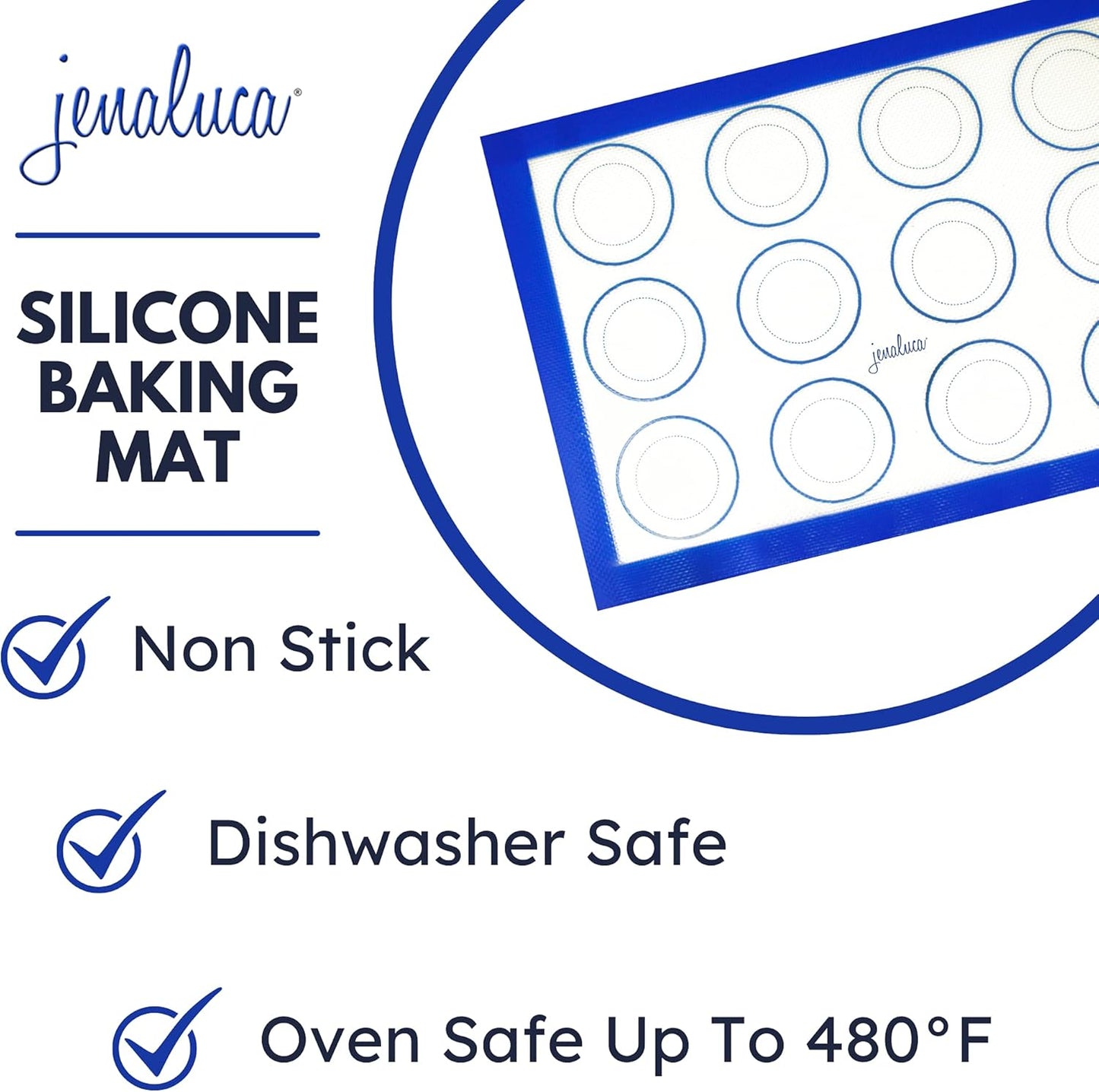 Jenaluca Silicone Baking Mats 2 Pack - Non-Stick Mats with Cookie Measurements Reusable Food Grade Silicone for Cookies, Pastries & Meal Preparation - Non Slip - 16.5 x 11.6