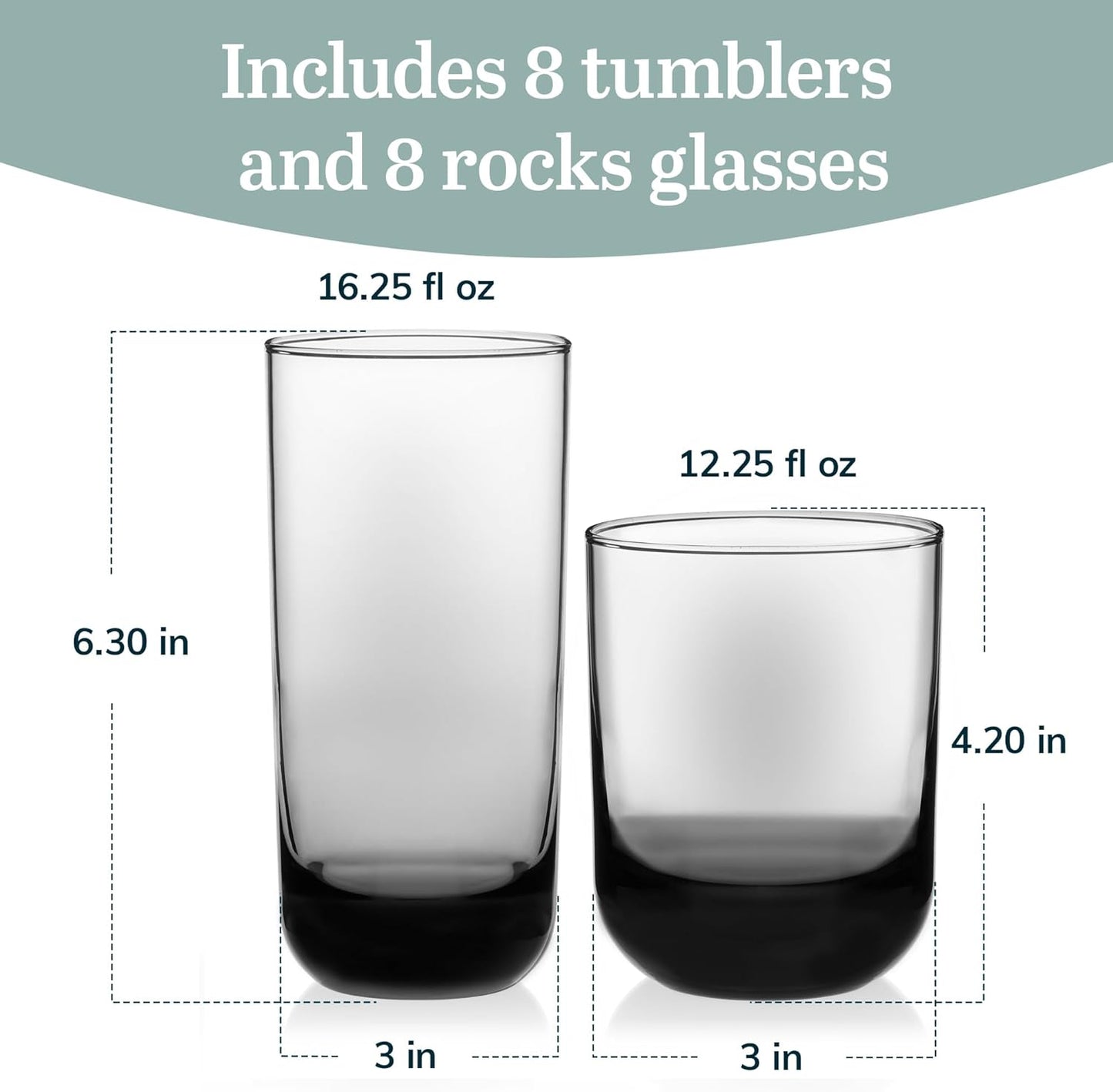 Libbey Polaris Tumbler and Rocks Glass Set, Smoke Hue Drinkware Glasses Set, Lead-Free Tall Water Glasses with Modern Clean Lines, Dishwasher Safe Drinking Glasses Set of 16