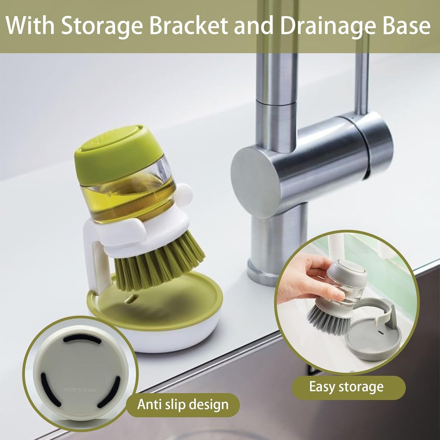 Soap Dispenser Dish Brush Palm Brush Scrub Brush Equipped with Storage Bracket and Drainage Base,Easy to Clean Kitchen Utensils and Sink, Includes a Replaceable Brush（Green）