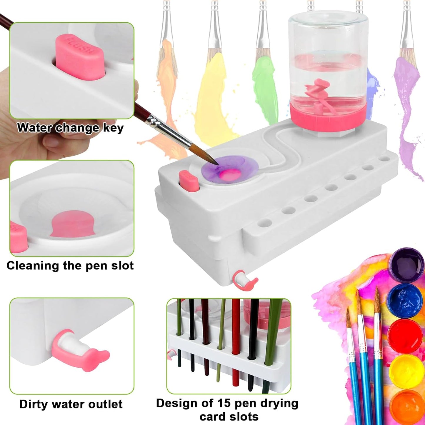 Brush Rinser Set Paint Cleaning Tools Makeup Brush Cleaner Machine, Paint Brush Cleaner Brush Rinser Running Water Circulation Paint Brush Cleaner (White Pink)