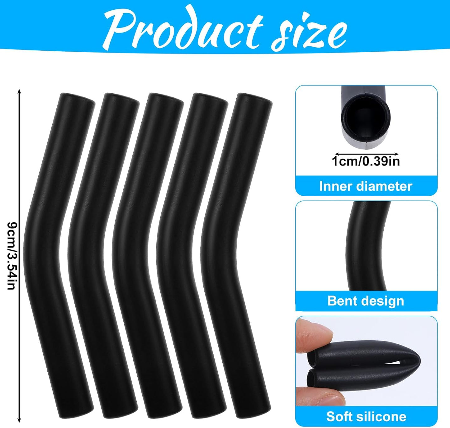 5 Pcs Silicone Straw Tips, Reusable Black Silicone Straw Cover Food Grade Rubber Flex Elbow Straws Covers for Stainless Steel Metal Straws 0.31inch Wide (8mm Outdiameter)