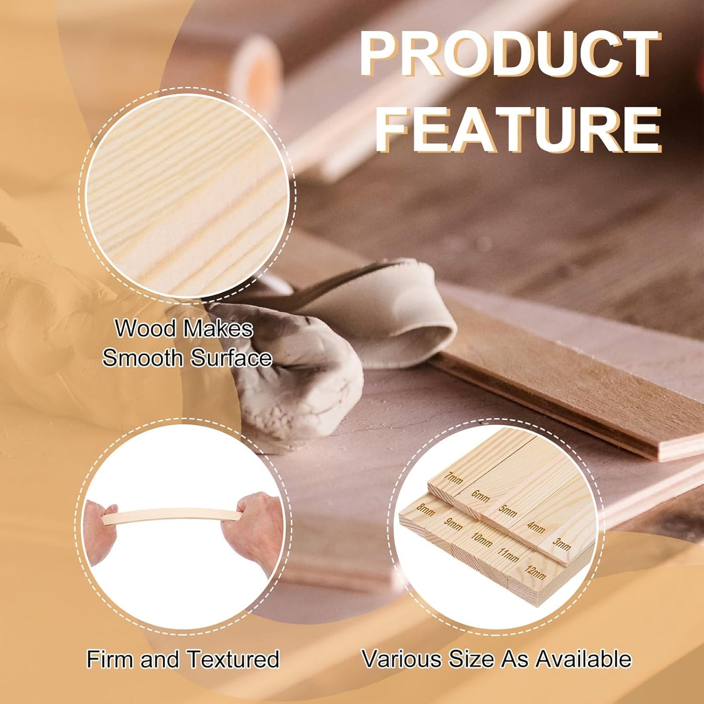 MECCANIXITY 8Pcs Pottery Teaching Rolling Mud Stick Guides, 13" x 0.8" Wood Clay Roller 4 6 8 10mm Thick Ceramic Tools Strips Rolling Guides for Clay Thickness DIY Craft