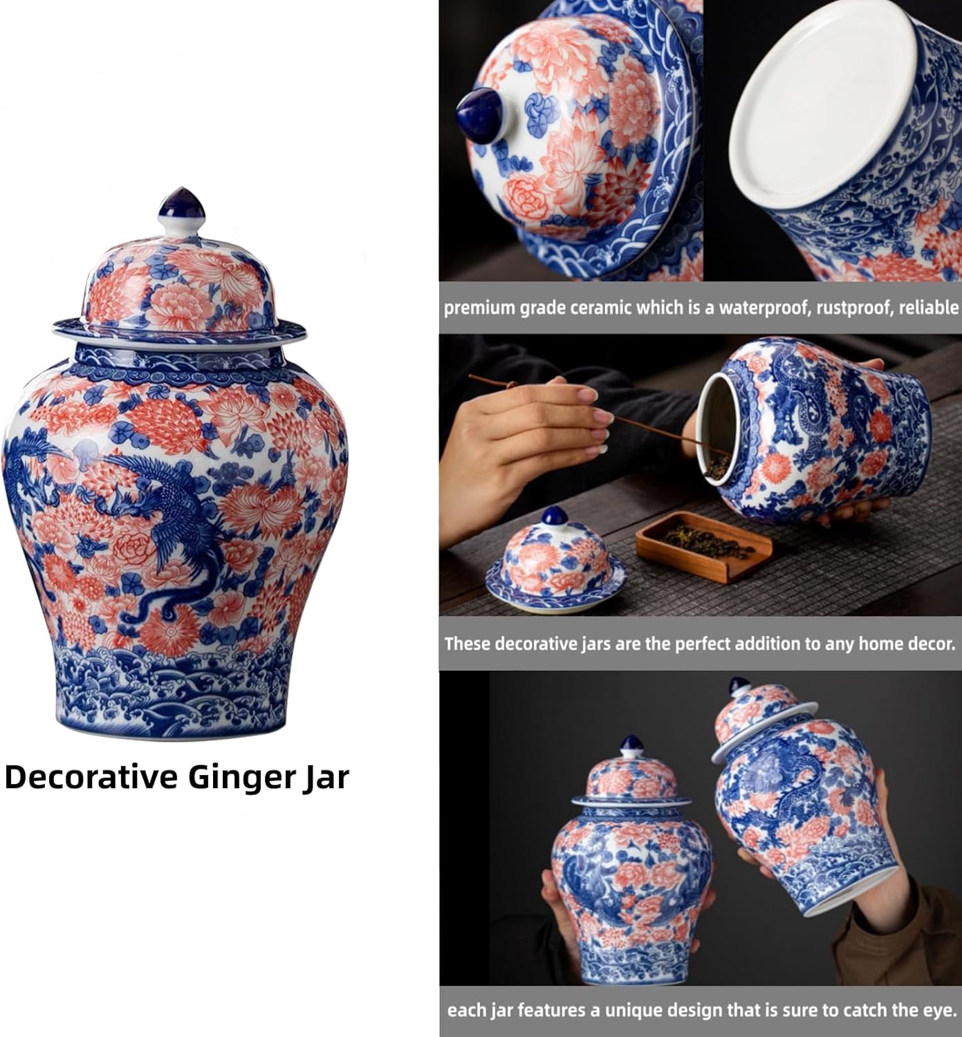 8 inches Phoenix Ginger Jar - red Ceramic Decorative with Lid flower vase， chinoiserie gift Enamel jars for Home/Kitchen/Dining/living room/shelf decor/Tea Storage