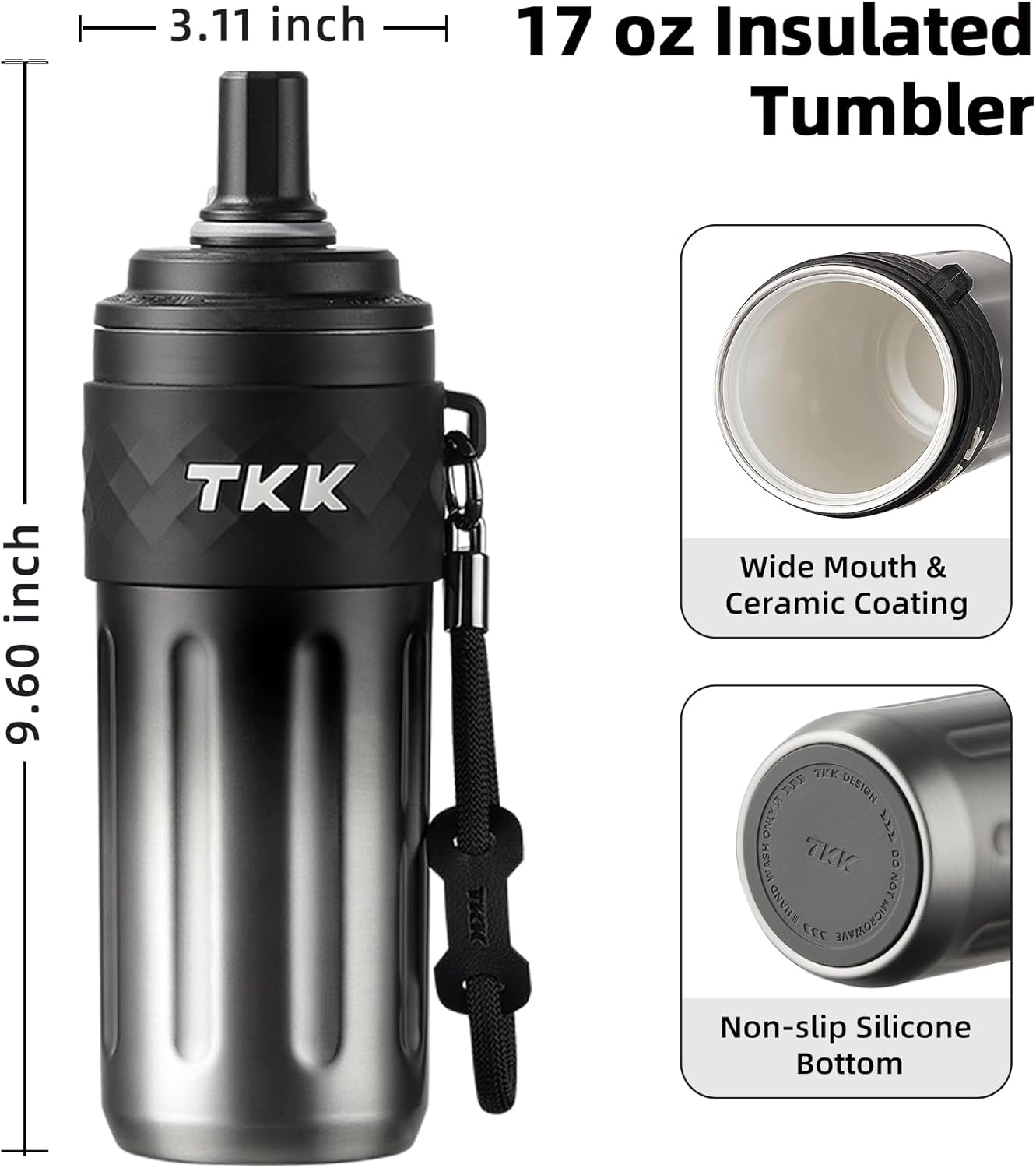 TKK 17 OZ Travel Tumbler Ceramic Lining with Straw Lid, Stainless Steel Vacuum Insulated Double Wall Coffee Tumbler, Leak Proof Iced Water Bottle with Carry Strap for Hot & Cold Drinks, SteelBlack