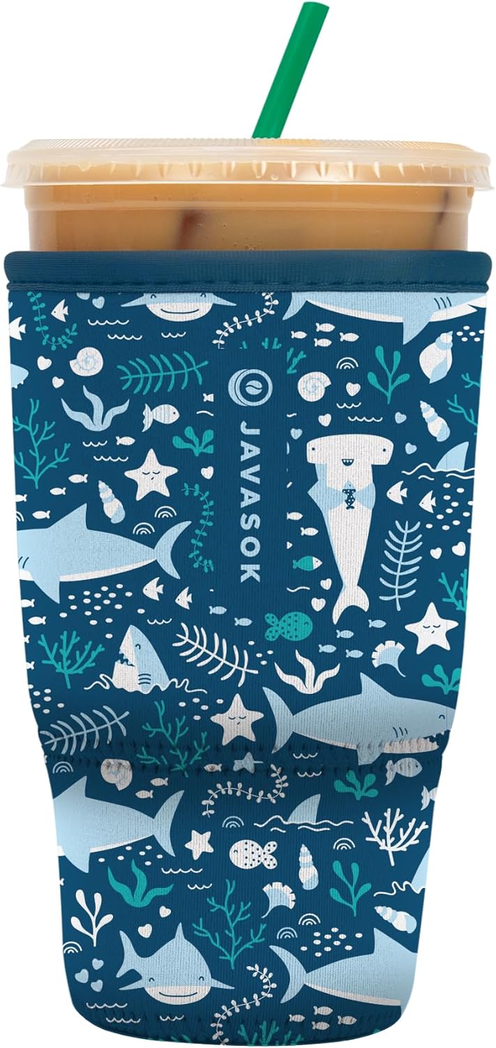 Sok It JavaSok Iced Coffee & Cold Soda Insulated Neoprene Cup Sleeve (Happy Sharks, Large: 30-32oz)