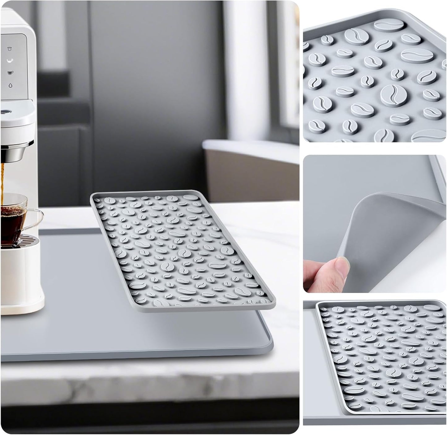 Silicone Coffee Bar Mat 24''x16'' Non-Slip Coffee Maker Mat, Heat-resistant Silicone Mat Detachable Dish Drying Mats for Kitchen Countertops, Waterproof Under Pad (Grey, 24''x16'')