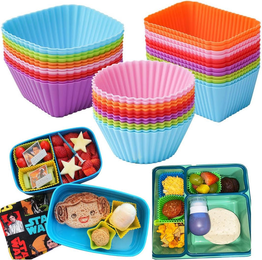 Silicone Bento Lunch Box Dividers 3 Shapes of Standard Round & Square & Rectangle - Reusable Silicone Cupcake Liners Non-Stick Muffin Cups for Baking