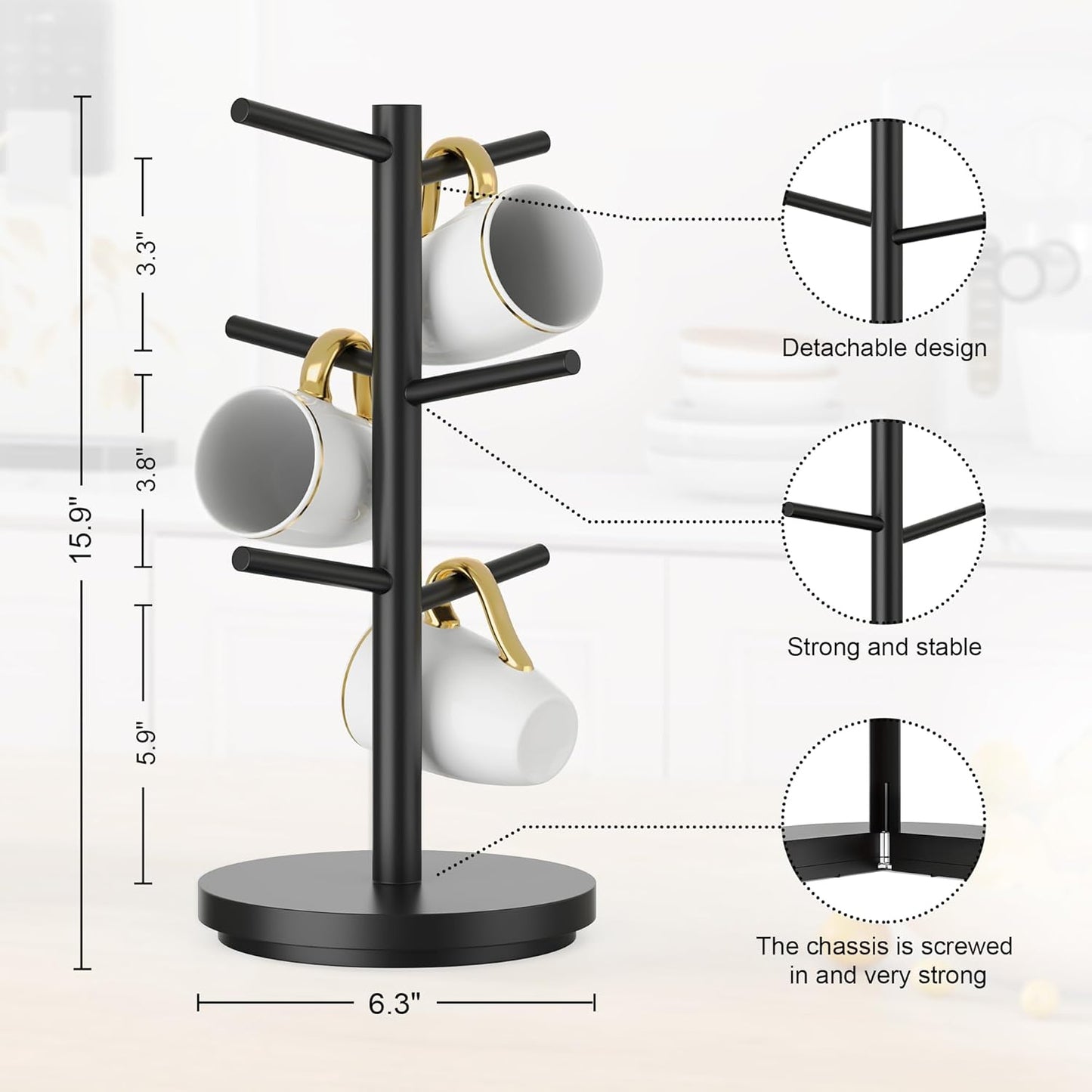Wisuce Coffee Mug Holder Tree Upgraded 360Rotated Cup Holder for Counter Black Wood Cup Tree Mug Rack Organizer Stand with 6 Hooks for Kitchen Coffee Bar Accessories